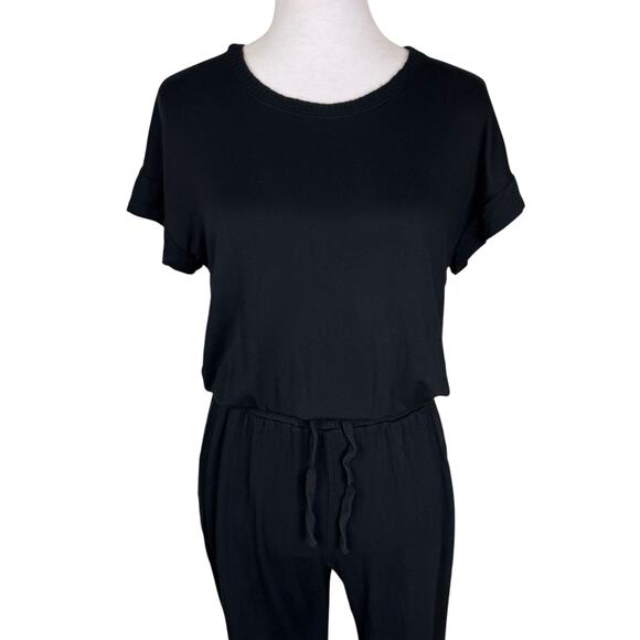 Splendid Flora Soft Black Knit Short Sleeve Elastic Waist Jogger Jumpsuit Lounge - Picture 7 of 14